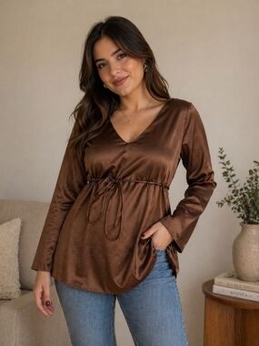 Japanese Weekend Satin V-Neck Drawstring Blouse in Brown